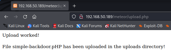 Successful Upload of simple-backdoor.pHP