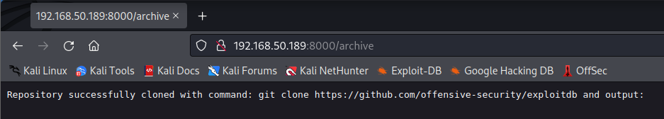 Successfully cloned the ExploitDB Repository via the Web Application